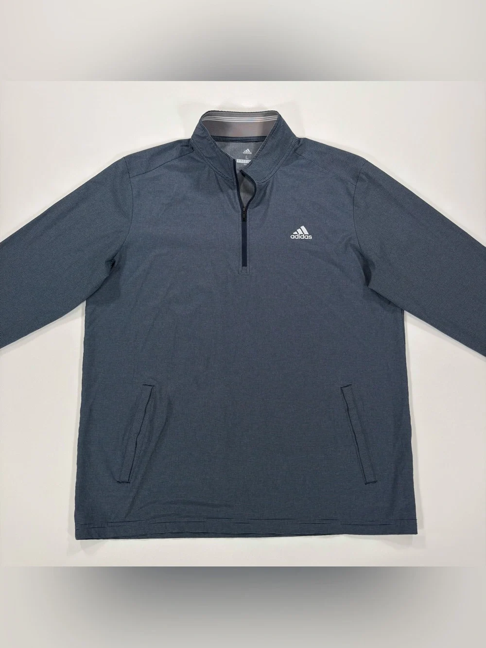 Adidas Golf Pullover Mens Large 1/4 Zip Blue Gray Micro Striped Jacket Pockets